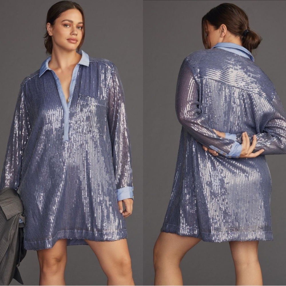 NWT ANTHROPOLOGIE Pilcro Sequin Button Down Shirt Top Blouse Mini Dress